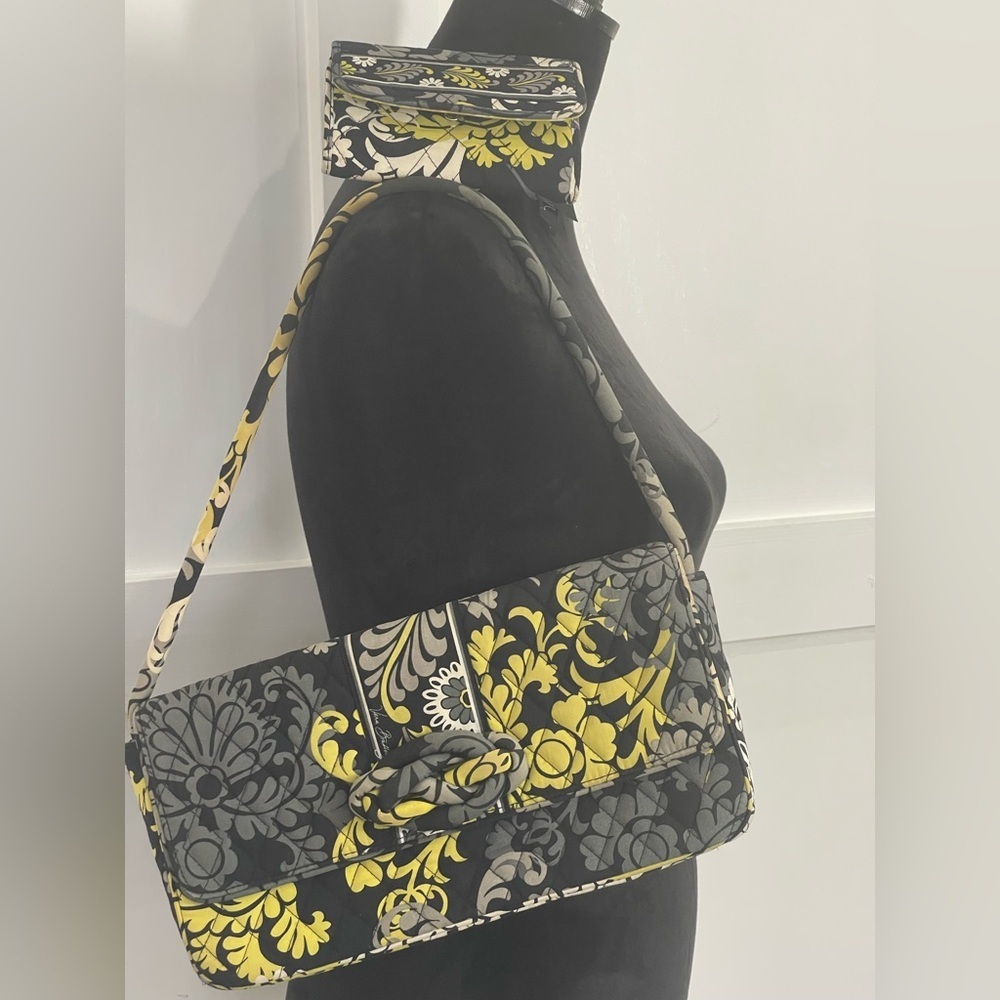 Vera Bradley Shoulder Bag Purse Baroque Pattern Black Grey White Lime & wallet